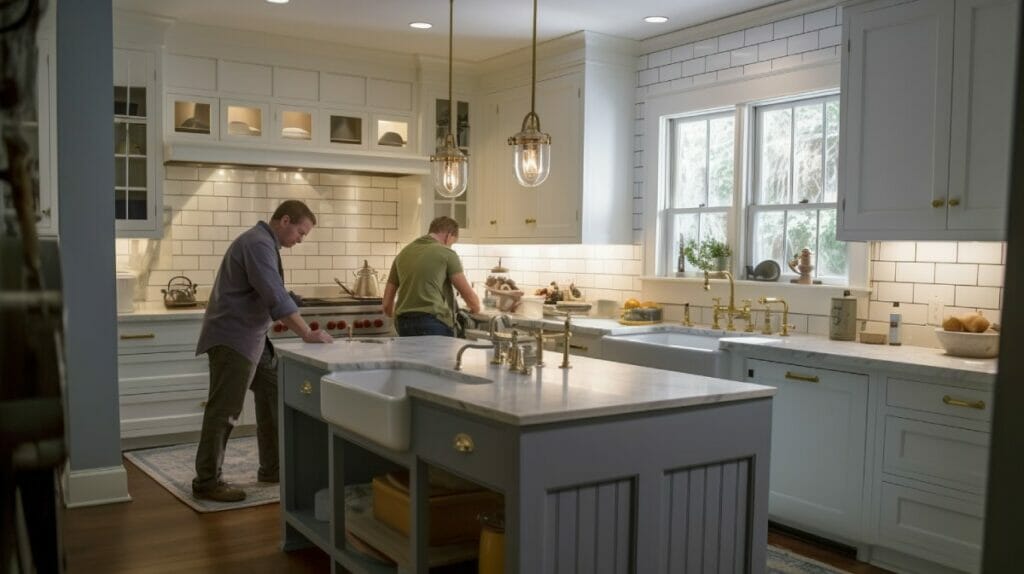 homeowner and a plumber in a kitchen